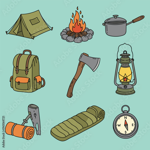 An illustration of a sleeping bag and clip on a solid background, representing outdoor adventure and travel.