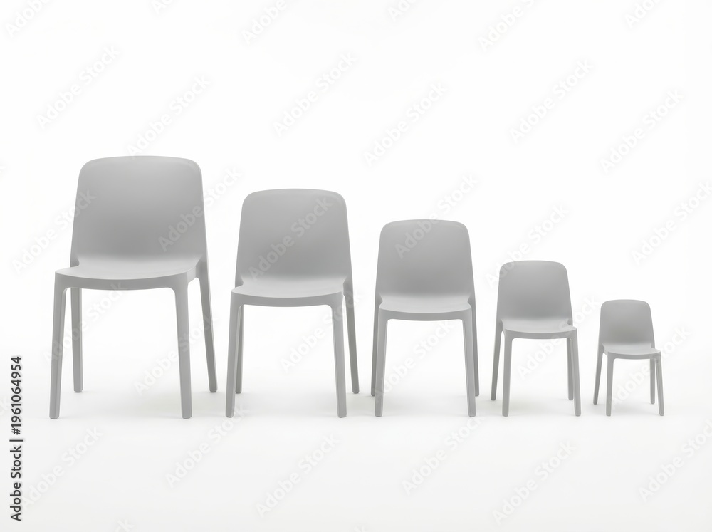 Fototapeta premium Five gray chairs of varying sizes on a white background symbolize career progression and candidate selection.