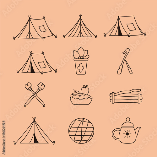 A minimalist illustration of a camping tent and a hanger on a peach background, evoking a sense of outdoor adventure and travel.