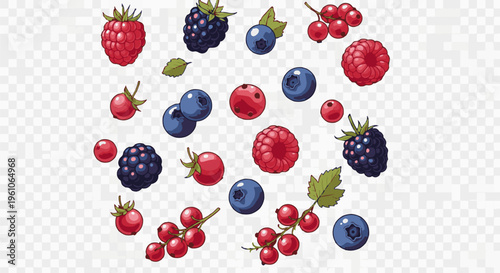 Pixelated assortment of various berries including blueberries, raspberries, blackberries, and redcurrants