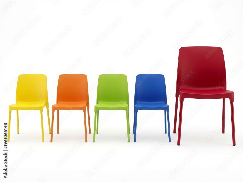 Fototapeta premium Five vibrant chairs in a row, symbolizing HR selection or career advancement.