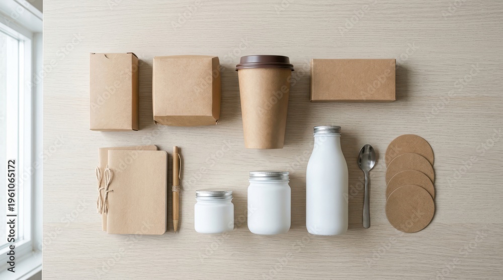 Naklejka premium A flat lay arrangement of eco-friendly brown paper packaging, including boxes, cups, and jars, set against a light wooden background with natural light.