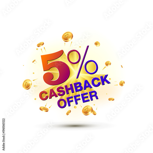 Sales promotion 3d vector logo design 5% cashback offer with money and gold coins.