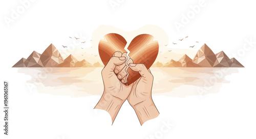 Broken heart symbol held by hands with mountains background illustration