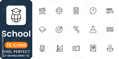 Education and school icon pack featuring classroom, books, learning tools and academic symbols clean vector set for students
