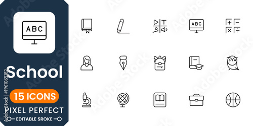 Education and school icon pack featuring classroom, books, learning tools and academic symbols clean vector set for students