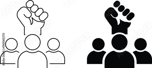 Raised Fist Protest Icon Set, Crowd Solidarity Symbol, Social Movement Vector Illustration