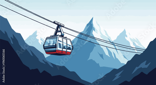 Pixelated cable car ascends snowy mountain range in blue tones