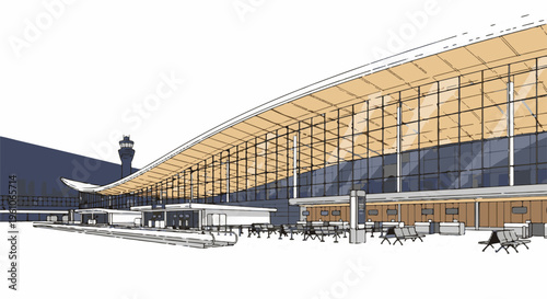 Modern airport terminal with a sweeping roof and glass facade, featuring a control tower