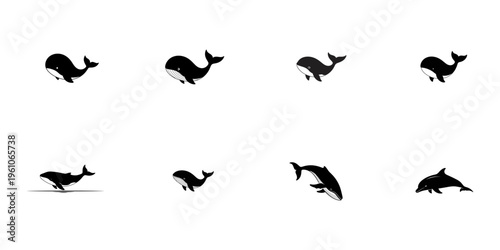 Collection of Black Silhouette Whales and Dolphins with Transparent Background animal