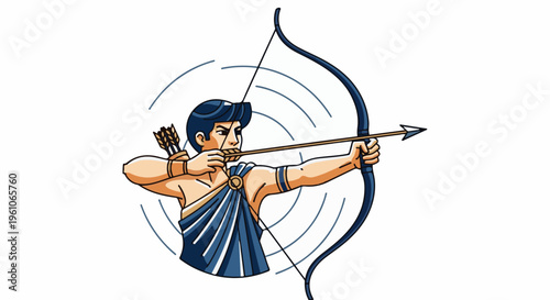 Pixelated cartoon figure of an archer with a bow and arrow, aiming forward