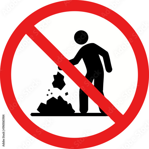 Red No Littering Prohibition Sign Icon with Person and Trash