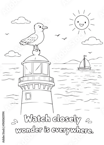 coloring book page seagull watching closely from the lighthouse