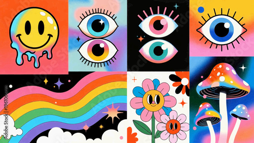 Psychedelic cartoon collage of smiley, rainbow, eye, butterfly, mushroom art
