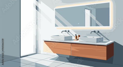 Modern bathroom with double sinks and a large illuminated mirror