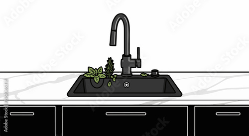 Modern black kitchen sink with faucet and fresh herbs on marble countertop