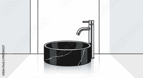 Modern black marble basin with chrome faucet on a light reflective surface