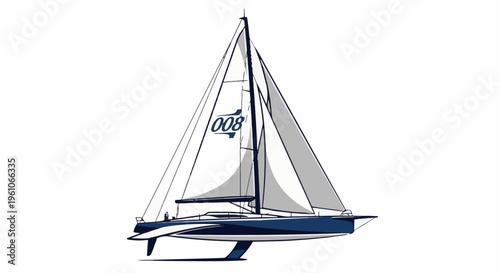 Modern blue and white racing sailboat with sails full