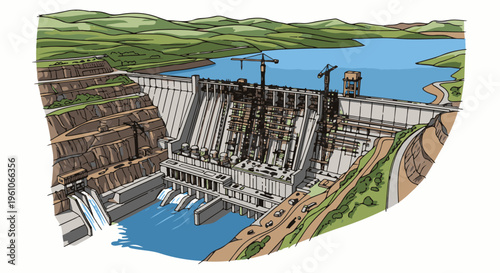 Massive dam construction in progress with water flowing and cranes overhead