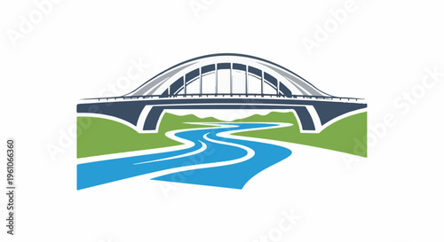 Modern bridge spans a winding river through green hills