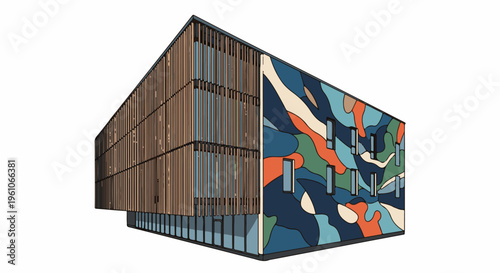 Modern building with wood facade and colorful abstract wall design