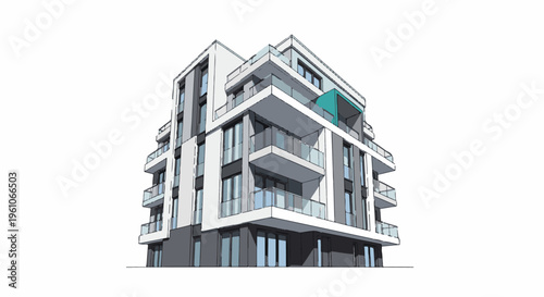Modern multi-story building with balconies and glass railings