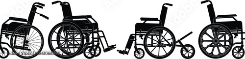 Set of manual wheelchair silhouettes in different side view angles for medical equipment accessibility healthcare mobility disability and hospital care icons