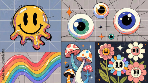 Six-panel grid of colorful playful illustrated cartoon smiley faces eyes flowers mushrooms wallpaper