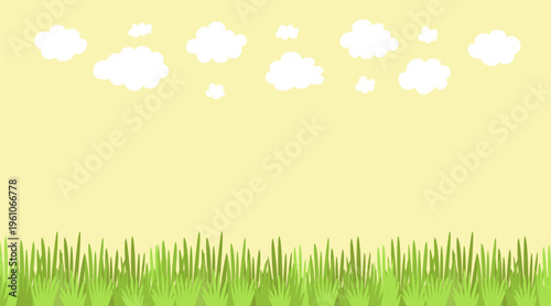 Simple serene landscape with green grass field and white clouds on yellow sky. Minimalist peaceful nature background with copy space for kids or eco projects.