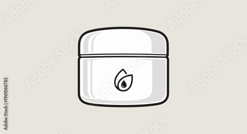 Minimalist illustration of a cream jar with a dewdrop and leaf logo