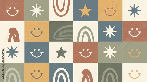 Playful 5x5 checkerboard with smileys stars arches rainbows and earthy colors