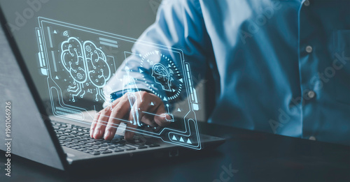 Photography Medical interfaces, AI-driven brain analysis, human anatomy and neurological diagnosis, where hands interact with digital panels, advanced healthcare technologies and intelligent information systems