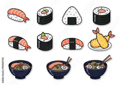 Colorful sushi and sashimi illustrations arranged in three playful rows on white backdrop