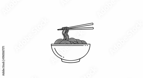 Minimalist line art of a bowl of noodles being lifted by chopsticks