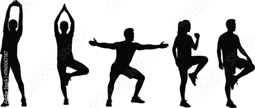 Black silhouettes of men and women performing yoga poses and fitness exercises for balance and stretching isolated on white background, vector