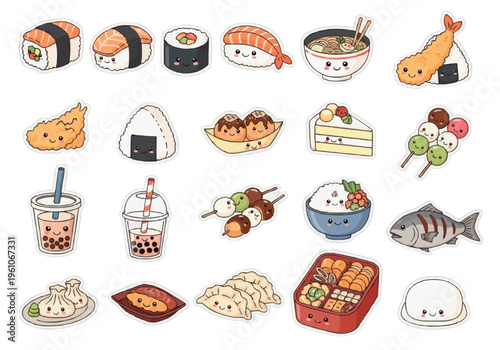 Colorful cartoon sushi dumplings boba tea grid playful white background illustration