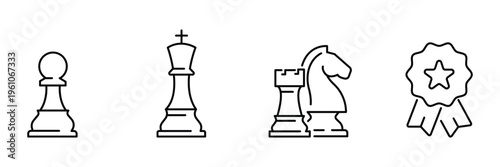 Chess game pieces icon set featuring king pawn knight rook and winner badge for competition strategic play and vector illustration.