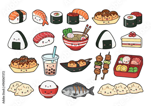 Playful cartoon sticker set of sushi dumplings skewers boba ramen on white