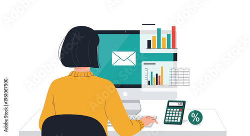 Professional Business Woman Working on Computer with Data Analytics Charts, Financial Reports, and Email Marketing - Flat Vector Illustration