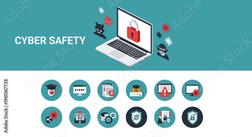 Cyber Safety and Data Security Isometric Concept with Laptop, Padlock, and Malware Protection Icons