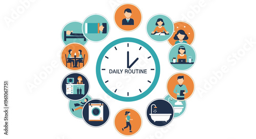 Flat Design Daily Routine Infographic with Clock and Lifestyle Activity Icons