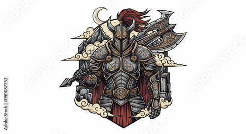 Medieval warrior in ornate armor with axe and helmet, set against mountains and clouds