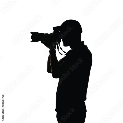 Photography theme, silhouette of young man photographer with camera on white background, taking picture, professional photography style