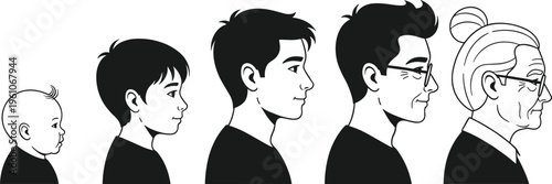 Hand-drawn Aging Process Illustration Set Depicting Life Stages from Baby to Elderly for Life Cycle, Growth, and Human Development Designs