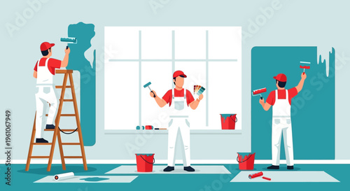 Professional House Painters Working on Interior Renovation and Home Improvement Project, Flat Vector Illustration