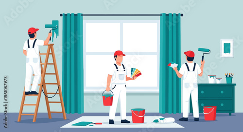 Professional Painters Renovating Home Interior with Paint Rollers and Color Swatches Flat Vector Illustration