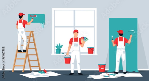 Professional House Painters Team Renovating Home Interior with Brushes and Rollers