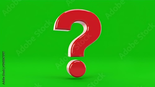 A bold red question mark symbol with a glossy finish floats against a vibrant green background