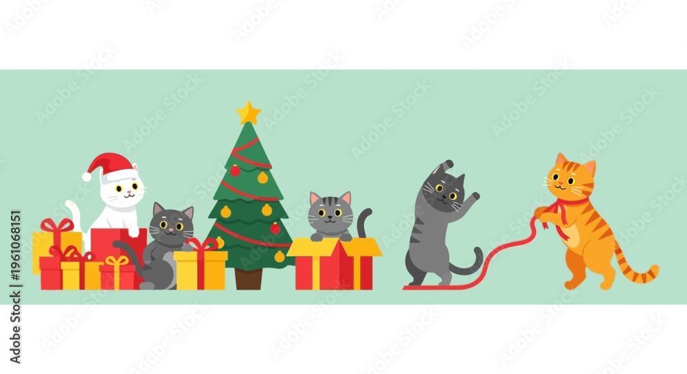 Fototapeta premium Cute Cartoon Cats Celebrating Christmas with Gifts and Decorated Tree, Flat Vector Illustration of Festive Kittens Playing with Ribbons on Mint Green Background
