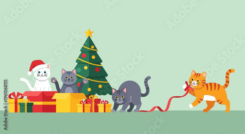 Playful Group of Cats with Christmas Tree and Gift Boxes Vector Illustration